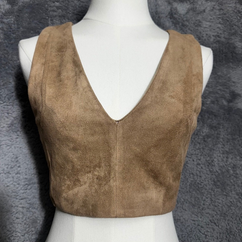 Olivaceous Crop Top Womens Medium Tan Brown Faux Suede V-Neck Full Back Zip